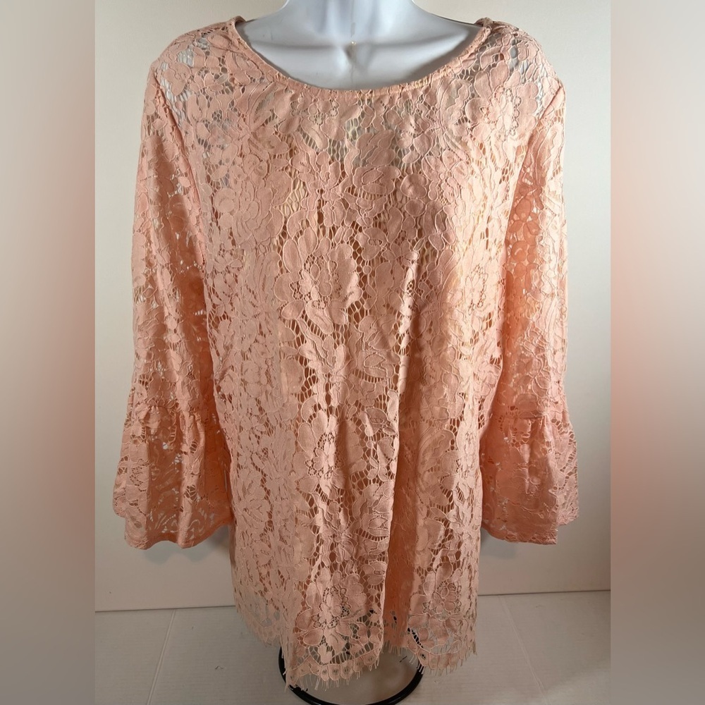 Roz & Ali Blouse Womens XL Peach/Pink Lace Overlay Bell Sleeve